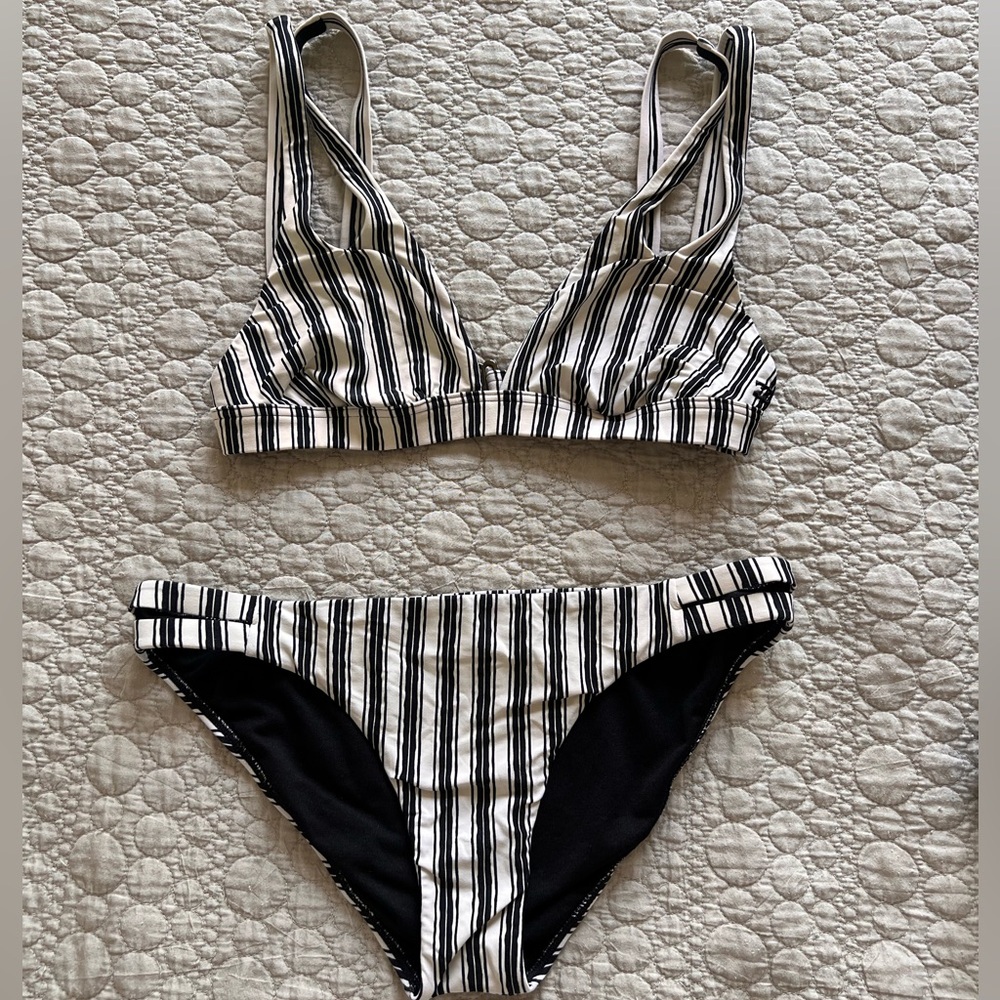 Free People Black & White Striped Bikini Set